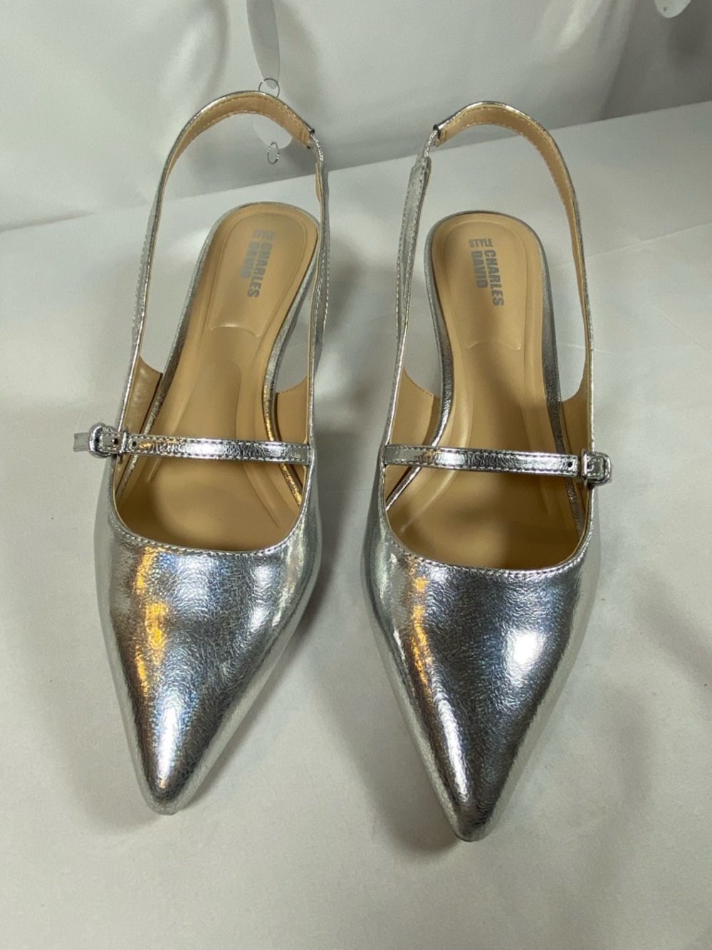 Charles David Metallic Silver Pointed Slingback Mary Jane Flats